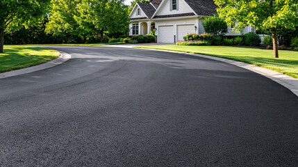 Fototapeta premium Freshly sealed asphalt driveway at a suburban home. Ideal for real estate and renovation services.