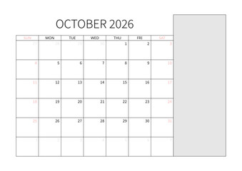 Obraz na płótnie Canvas October 2026 English Professional Monthly Calendar Template Minimalist Corporate Planner Grid