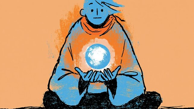 Illustration of a person holding a glowing sphere against an orange background. Watercolor style digital art. Suitable for fantasy themes, mystical concepts, and creative design projects.