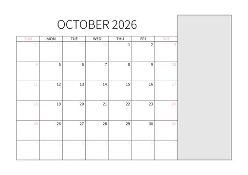 October 2026 English Professional Monthly Calendar Template Minimalist Corporate Planner Grid