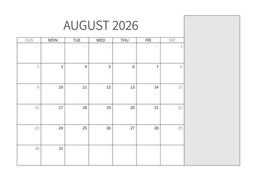 August 2026 English Professional Monthly Calendar Template Minimalist Corporate Planner Grid