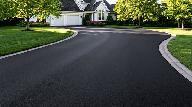 Curved freshly paved asphalt driveway in a residential neighborhood. Great for home improvement concepts.