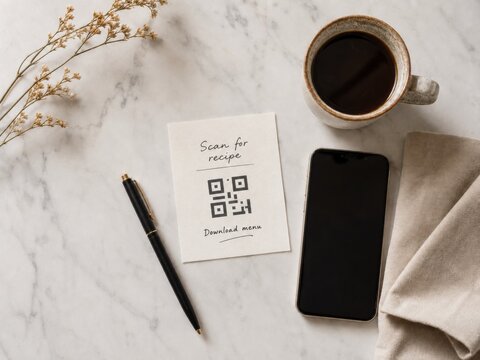 Smartphone with QR code card and coffee on marble table