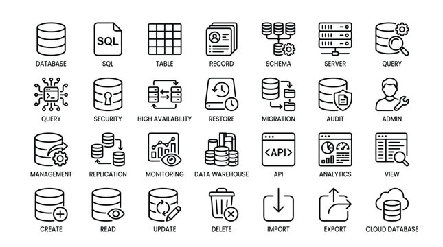 Database management and cloud storage outline icons set representing sql queries and server operations for modern software development and backend infrastructure.