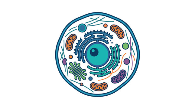 A colorful vector illustration of an animal cell showing organelles like the nucleus, mitochondria, and endoplasmic reticulum. Perfect for science, education, and biology.
