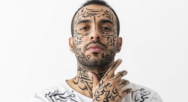 man with black calligraphy script face and body art, artistic tattoo style portrait