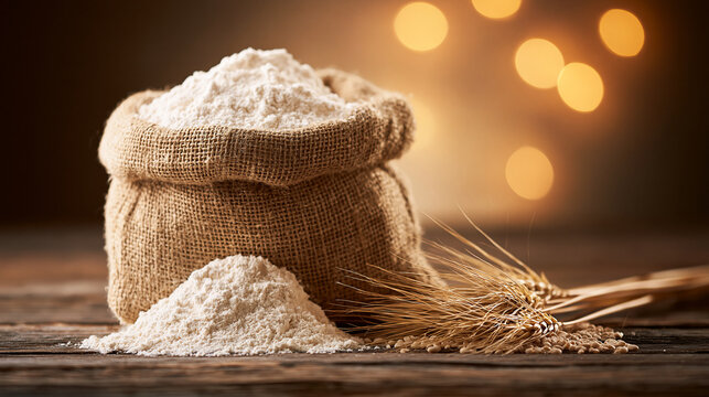 Burlap sack filled with white flour and wheat ears on wooden table. Baking concept for artisan bread making.