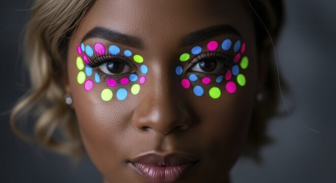 woman with neon polka dot eye makeup, colorful festival beauty closeup portrait