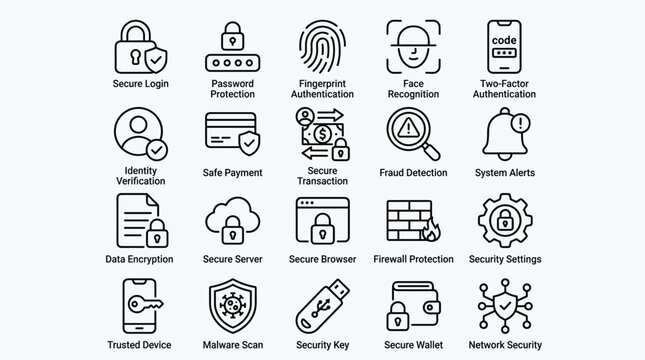 Detailed line icon set for internet security and digital data protection concepts featuring locks passwords biometrics encryption and firewall elements for web.