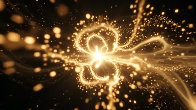 Abstract golden light trail with glowing particles and lens flare effect on a black background