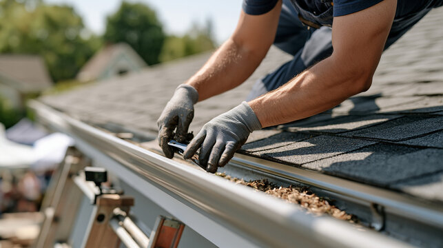Gutter cleaning technician balancing on a ladder above a crowded suburban street market, close up on gloved hands scooping debris from a clogged fascia channel, a streaming webcam mounted to the lad