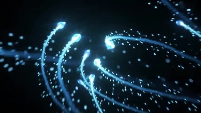 Abstract background with glowing blue particles forming two swirling vortexes or galaxies in deep space