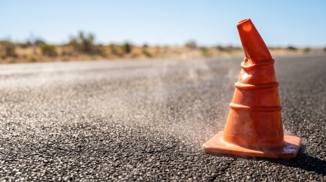 Deformed traffic cone melting on hot asphalt during an extreme summer heatwave. Concept of excessive temperatures, climate change and heatwave
