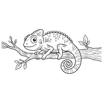 Cute cartoon chameleon sitting on a tree branch for coloring book page vector design.