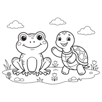 Cute frog and turtle friends in a flower field for coloring book page vector design.