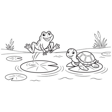 Cute cartoon frog jumping and turtle sitting on lily pads in a pond vector design.