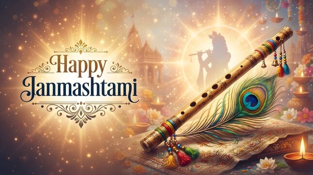 Vibrant Celebration of Janmashtami with Traditional Decorations, Flute, Peacock Feather, and Temple Silhouettes in Golden Twilight