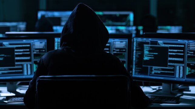 A hacker wearing a hoodie works in a dark room with glowing computer monitors. This image represents cybersecurity threats and digital data theft concepts.