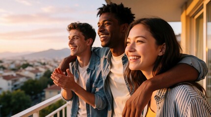 Obraz premium Three diverse young friends embrace on a balcony at sunset. They smile and laugh looking out at city view. Casual relaxed group enjoys time together.