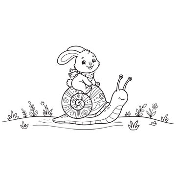 Cute little bunny rabbit riding on a friendly garden snail in a grassy meadow for coloring page vector design.
