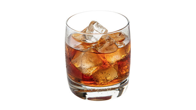 Glass of whiskey with ice cubes cold refreshing alcoholic beverage isolated on transparent background cut out