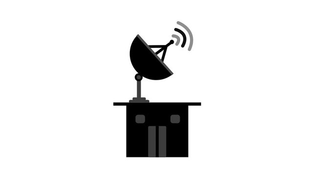 Simple flat icon of a building with a satellite dish sending wireless signal animation