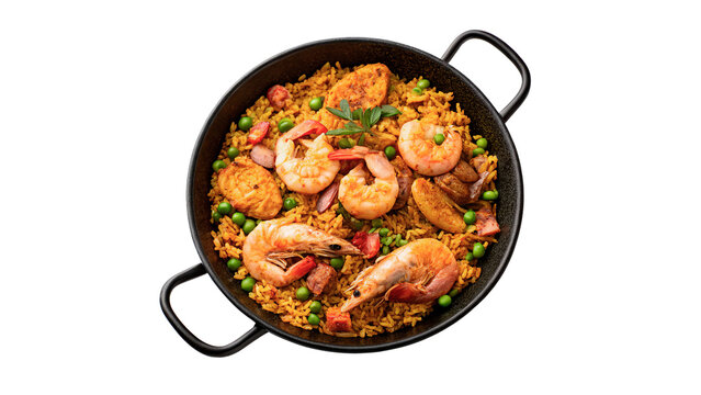 Traditional Spanish paella with seafood shrimps prawns pan kitchen cooking isolated on transparent background cut out