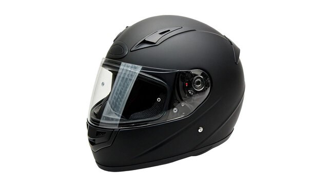 Black glossy full face motorcycle helmet protective gear racing sport isolated on transparent background cut out