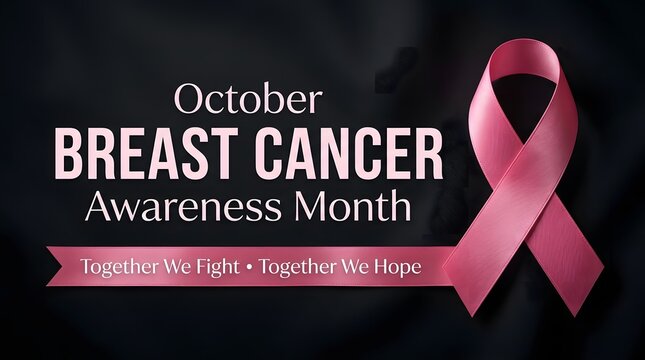 A sophisticated digital graphic featuring a realistic pink satin ribbon on a textured black background with elegant typography promoting Breast Cancer Awareness Month in October.
