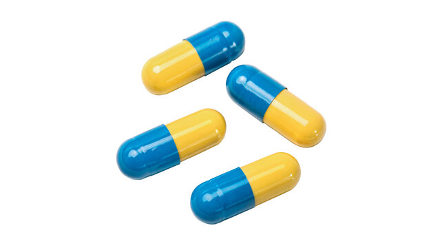 Blue and yellow medical pills capsules drug supplement pharmacy healthcare isolated on transparent background cut out
