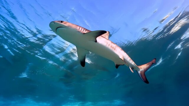 Reef shark cruising upward beneath sunlit tropical surface, diagonal body line, clear blue water, extended fins, calm motion, strong copy space, marine wildlife scene
