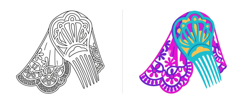 Spanish Traditional Hair Comb and Lace Veil Illustration