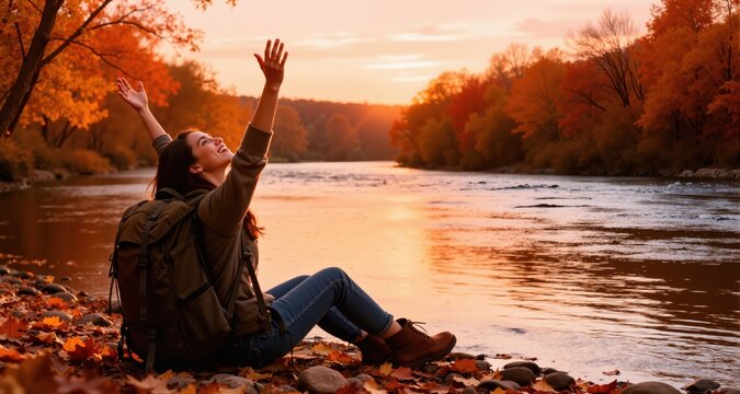 Traveler with backpack relaxing by autumn river at sunset. Young woman raised arms feeling free and happy
