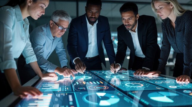 Diverse pro team works at glowing touch screen table in modern office. Colleagues discuss corporate strategy project using interactive digital interface. People analyze financial data charts, growth