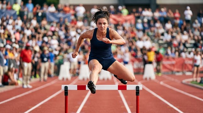 Competitive Female Track Athlete Focusing and Jumping Over a Hurdle During a High Stakes Sprint Race at a Stadium