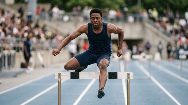 A Focused Male Hurdler Mid-Flight Clearing a Hurdle During a Professional Track and Field Sprint Competition on an Outdoor Stadium Track