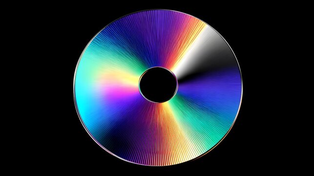 Vibrant iridescent rainbow spectrum ring with detailed radial metallic grooves isolated on dark background for audio and music design.