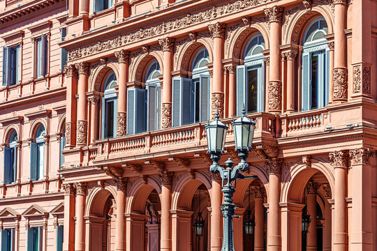 Buenos Aires, Argentina - April 12, 2020: Close-up of the iconic pink facade and architectural details of Casa Rosada, the Argentine seat of government.