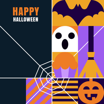 Halloween vector geometric banner, flyer, poster, greeting card. Background design with bat, pumpkin, ghost, spiderweb