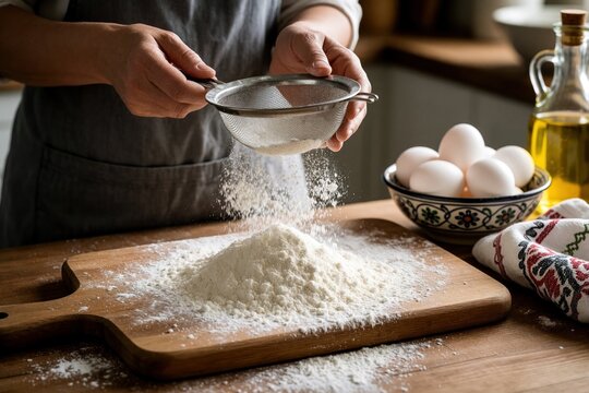 Woman baker sifts white flour through metal sieve onto wooden cutting board in home kitchen. Female person prepares pastry dough ingredients for homemade bread baking. Hands sprinkle fine powder over