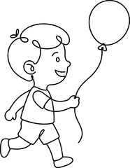 Smiling cartoon boy running while holding a balloon isolated on transparent background, isolated on white background, Vector Avatar one line art vector editable design