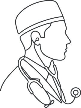 Doctor using stethoscope listening to patient's heartbeat with medical cap isolated on transparent background, isolated on white background, Vector Avatar one line art vector editable design