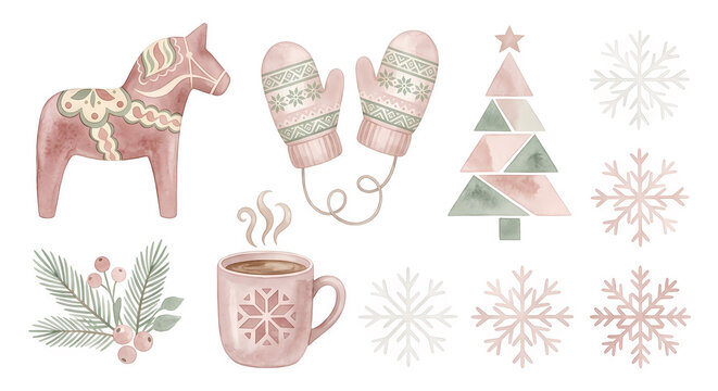 set of christmas decoration on white background, faux yarn embroidered design, fluffy clipart illustration, winter season theme 