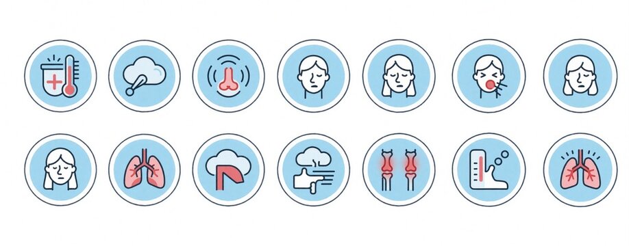 Flat icon set showing common flu symptoms. Medical infographic elements include fever, cough, sore throat, headache, fatigue, runny nose, joint pain, breathing issues. Health care symbols for disease