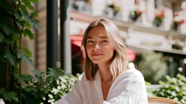 Paris, France, Europe. A portrait of a young woman seated outdoors, captured in a candid moment. She has shoulderlength blonde hair and wears a white blouse. Her eyes are closed.
