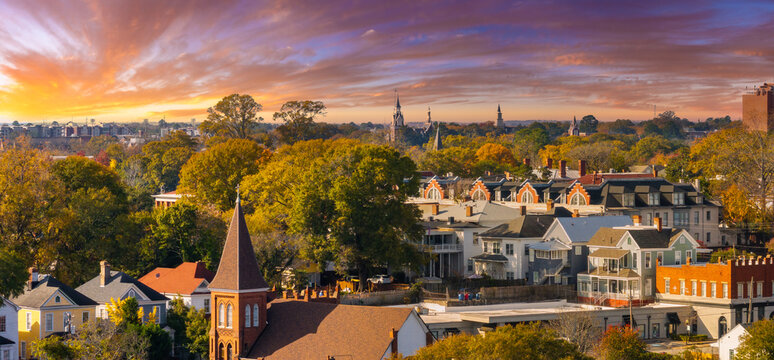 Scenic city of Macon, Georgia highlighting historic district with vintage buildings, urban streets and preserved southern American architectural landscape.