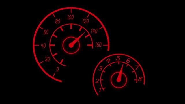 Speedometer and tachometer gauge dials showing motion speed and automotive control animation