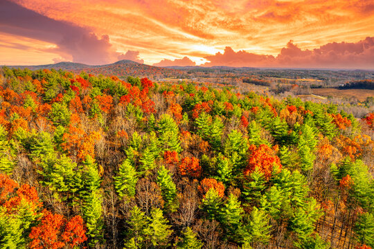 Scenic fall evening landscape of wooded Appalachian mountains. Colorful forest stretches across autumn mountain terrain.