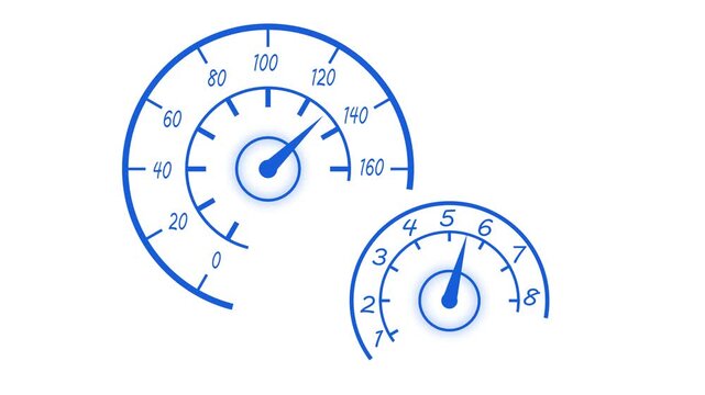 Speedometer and tachometer gauge dials showing motion speed and automotive control animation