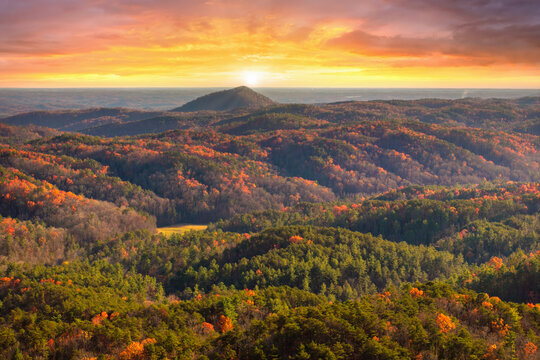 Vibrant sunset in fall season forest on Appalachian mountain range. Golden treetops and colorful nature landscape.